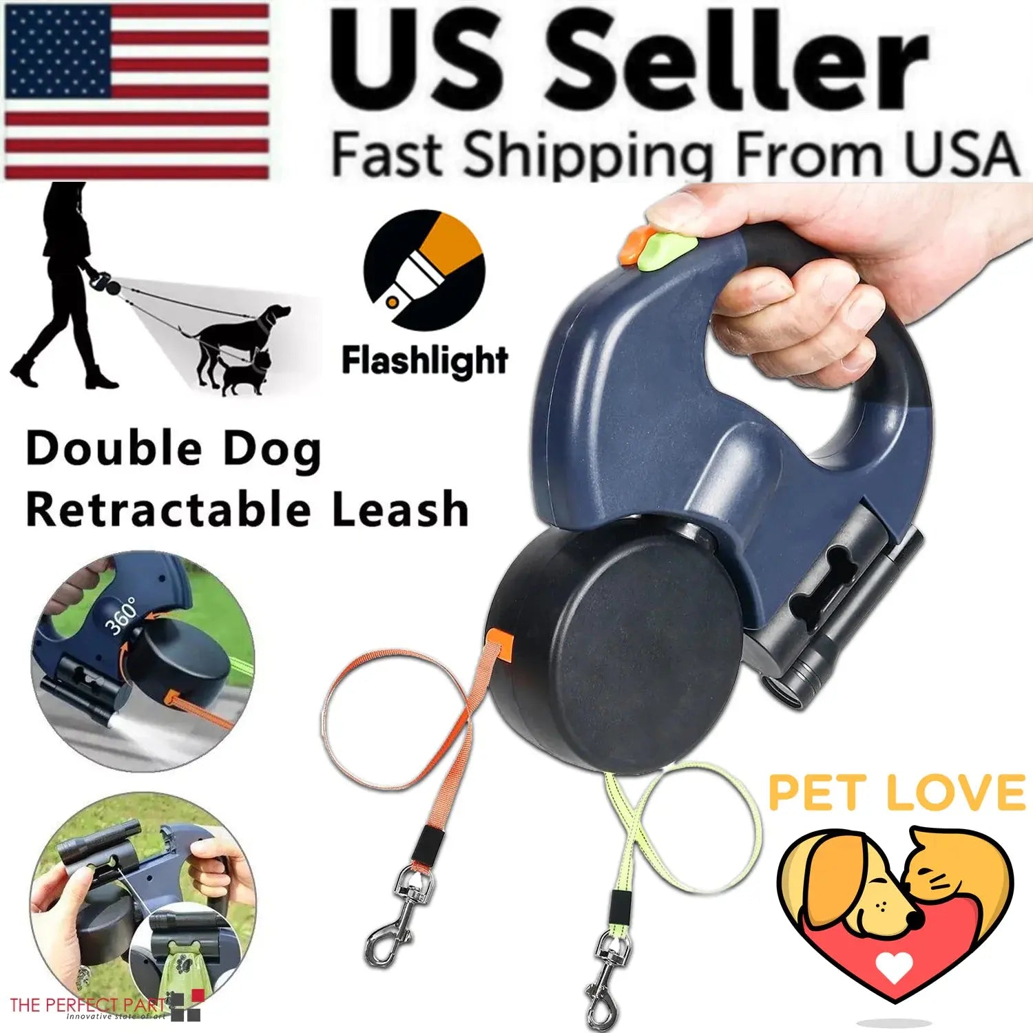 Flexipaw™ Dual Retractable Dog Leash with 360° Tangle-Free Design and Reflective Double Lead
