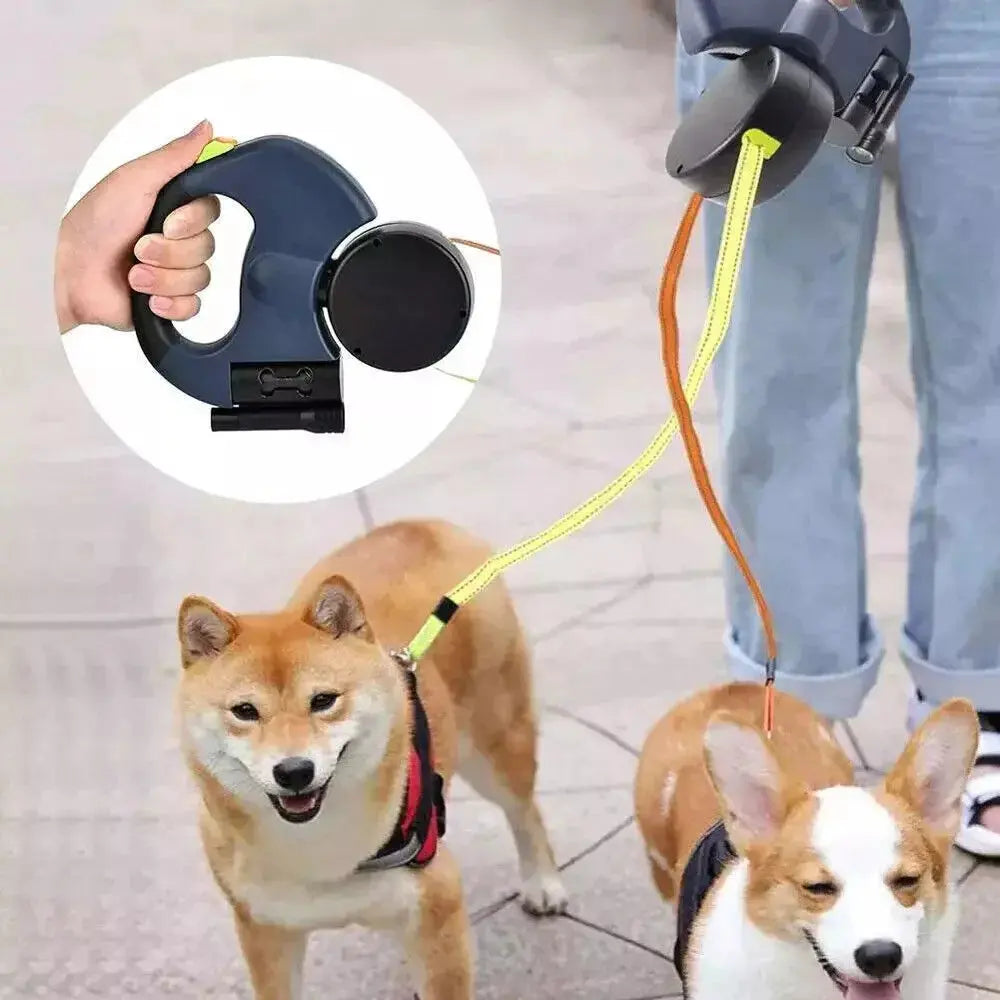 Flexipaw™ Dual Retractable Dog Leash with 360° Tangle-Free Design and Reflective Double Lead