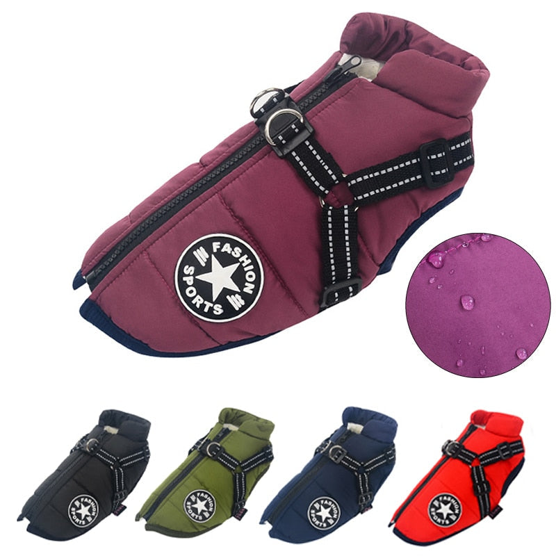 Water-Repellent Winter Dog Coat with Built-In Harness